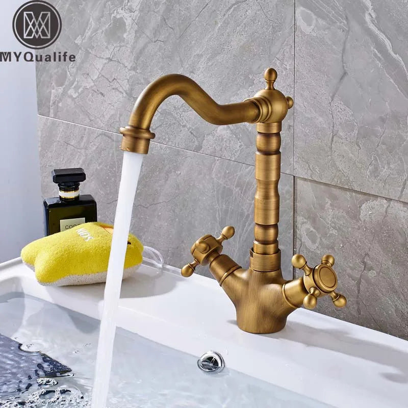 DecorBites™ Dual Handle Swivel Sink Faucet Antique Brass Mixer Tap for Bathroom Kitchen