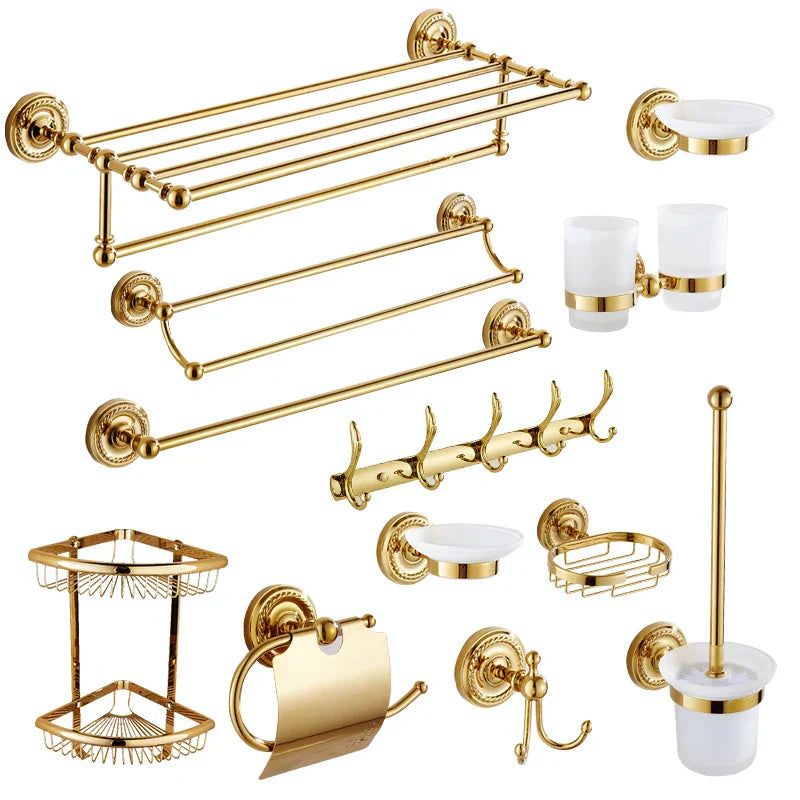DecorBites™ Brass Gold Bathroom Hardware Set: Towel Rack, Paper Holder, Toilet Brush, Hooks, Towel Ring