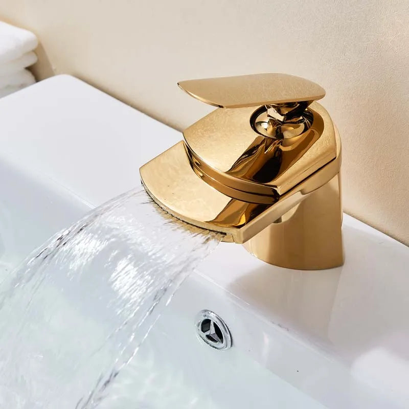 DecorBites™ Golden Brass Waterfall Vessel Sink Faucet - Chrome Bathroom Vanity Tap