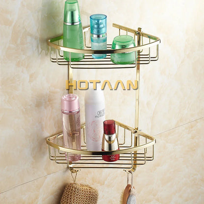 DecorBites™ Gold Brass Double Layer Bathroom Shower Shelf Basket Holder