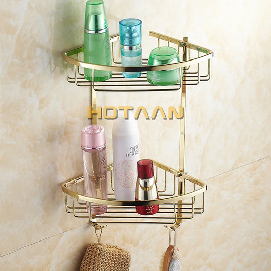 DecorBites™ Gold Brass Double Layer Bathroom Shower Shelf Basket Holder