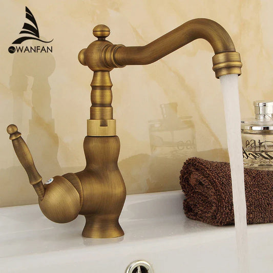DecorBites™ Antique Brass Bathroom Sink Faucet Swivel Spout Single Handle Hot Cold Mixer Tap