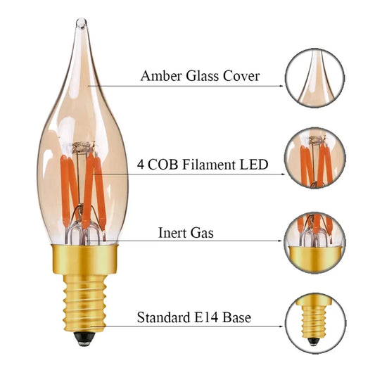 Bombilla LED de filamento DecorBites™ C22T, tinte dorado, tipo vela, casquillo E12, 2 W, 2200 K, para decoración de lámparas de araña.