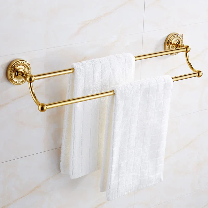 DecorBites™ Brass Gold Bathroom Hardware Set: Towel Rack, Paper Holder, Toilet Brush, Hooks, Towel Ring