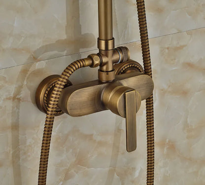 صنبور دش حائطي من نحاس عتيق من DecorBites™ مع دش يدوي، رأس دش مطري 8 بوصات