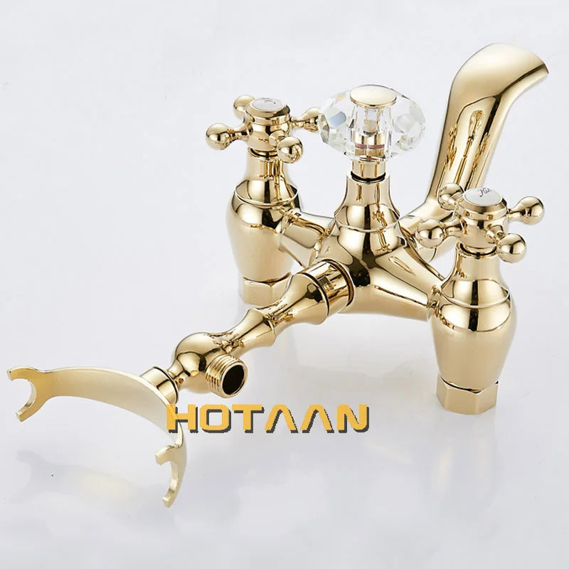 DecorBites™ Gold Finish Bath Tub Faucet with Ceramic Handle and Handheld Shower AI-5329