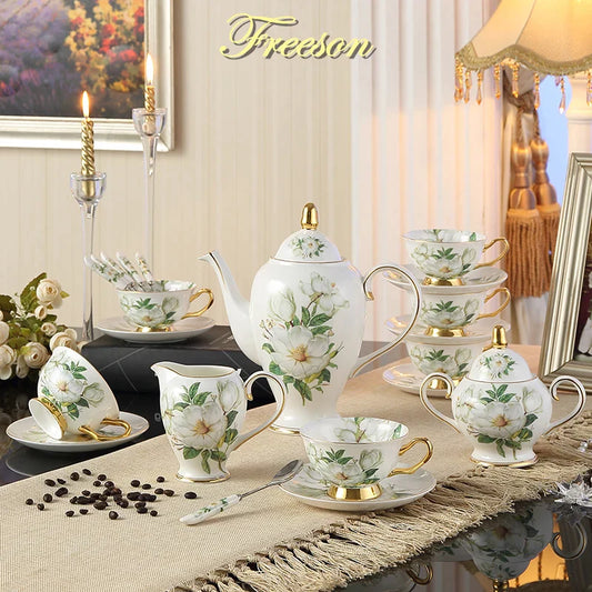 DecorBites™ Camellia Bone China Tea & Coffee Set - Porcelain Teatime Pot, Cups, & Sugarpot