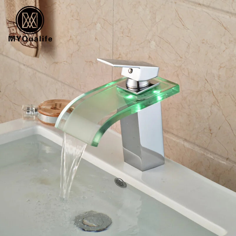 DecorBites™ LED Glass Waterfall Basin Faucet | Square Single Handle Bathroom Sink Mixer