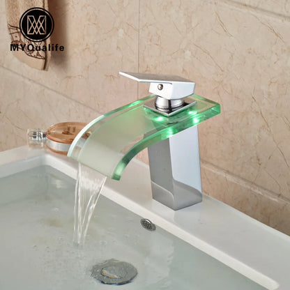 DecorBites™ LED Glass Waterfall Basin Faucet | Square Single Handle Bathroom Sink Mixer