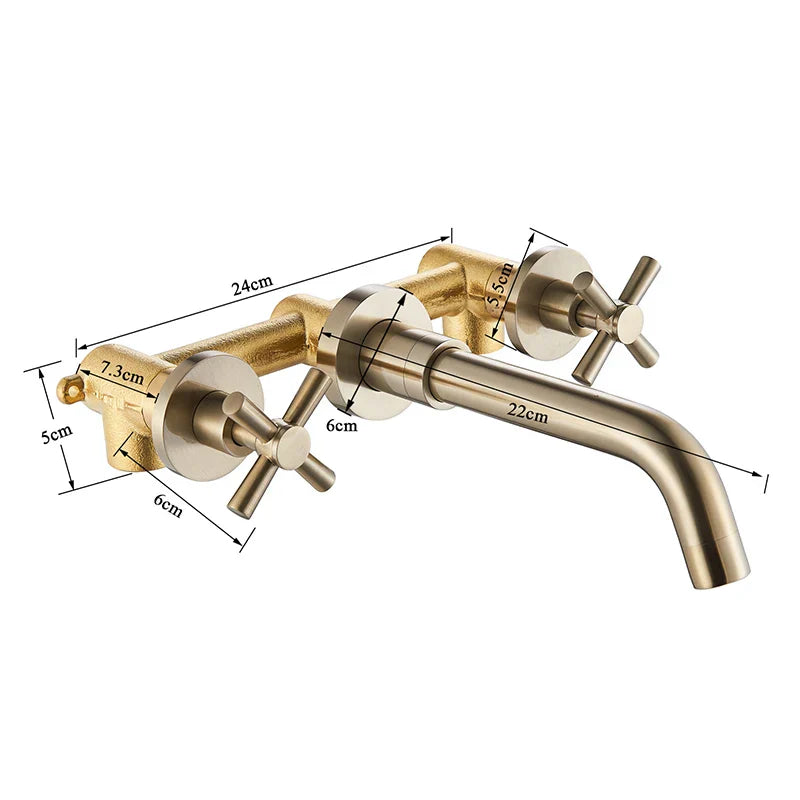 Gold Wall Basin Faucet Dual-Handle Brushed Gold
