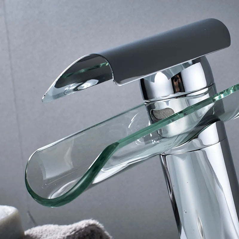DecorBites™ Glass Spout Basin Faucet: Waterfall Bathroom Mixer Tap, Chrome Finish