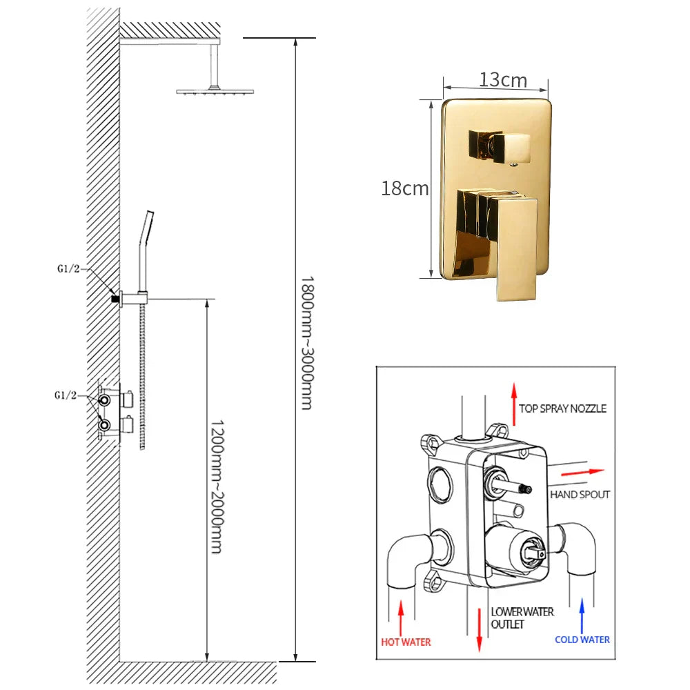 Juego de Grifo de Ducha de Lluvia de Baño Dorado Decorbites™ Oculto en la Pared