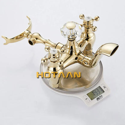 DecorBites™ Gold Finish Bath Tub Faucet with Ceramic Handle and Handheld Shower AI-5329