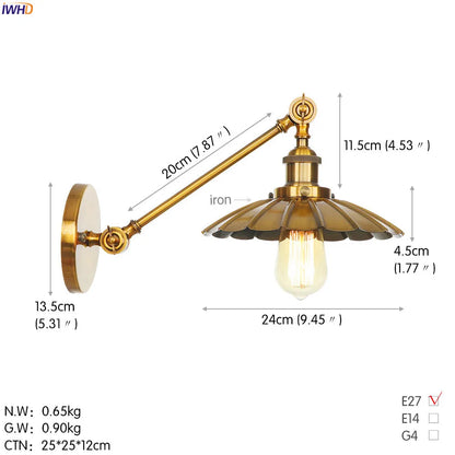 Aplique de pared LED de brazo largo dorado DecorBites™ para dormitorio, escalera, loft, estilo industrial vintage