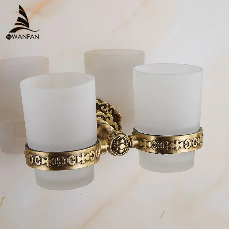 DecorBites™ Brass Antique Glass Cup Holder Set Luxury Bathroom Accessories