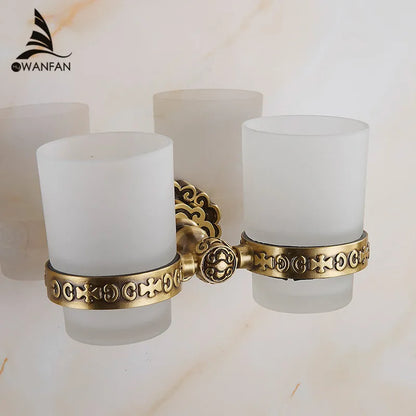 DecorBites™ Brass Antique Glass Cup Holder Set Luxury Bathroom Accessories