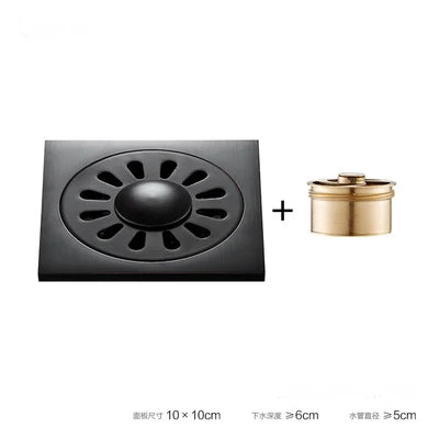 DecorBites™ Brass Square Shower Room Floor Drain with Hair Strainer - 10*10cm