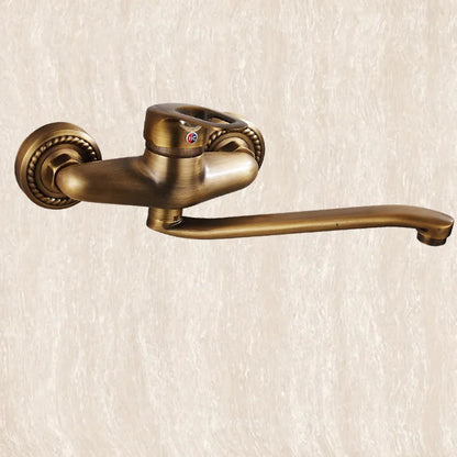 DecorBites™ Antique Brass Bathroom Basin Faucet Long Spout Dual Handle Wall Mount