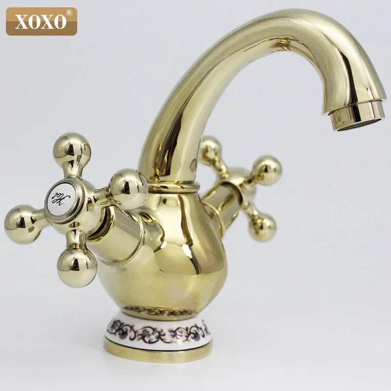 DecorBites™ Double Handle Chrome Basin Faucet with Ceramic Decoration