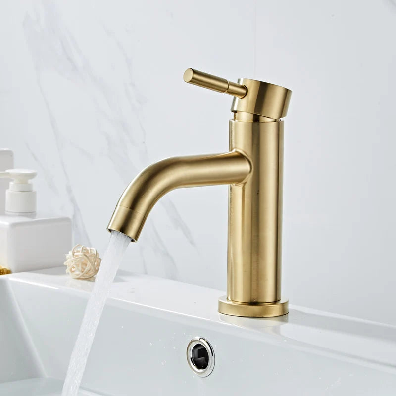 Grifo de lavabo DecorBites™ en oro cepillado: latón macizo, mezclador de agua fría y caliente, monomando