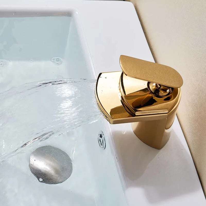 DecorBites™ Golden Brass Waterfall Vessel Sink Faucet - Chrome Bathroom Vanity Tap