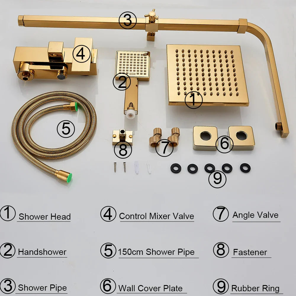DecorBites™ Golden Shower Faucet Set with 8" Rainfall Shower, Wall Mounted Hand Shower