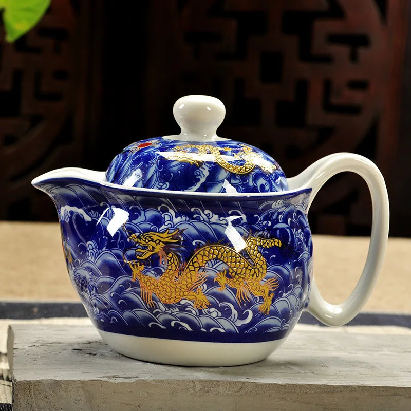 DecorBites™ Ceramic Kung Fu Teapot with Dragon Design 350ml - Handmade Porcelain Tea Pot