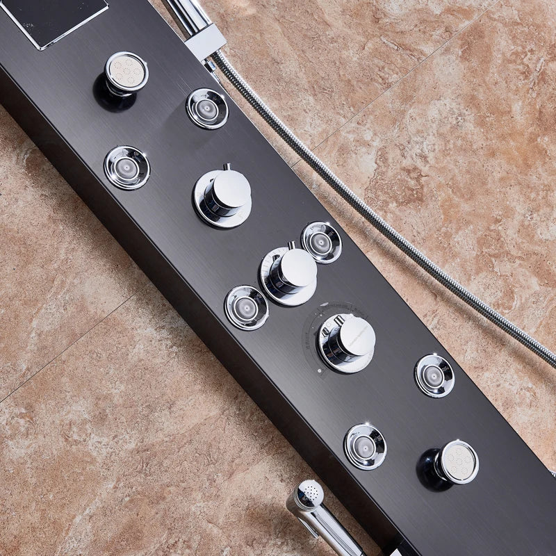 لوحة دش مطري DecorBites™‎ سوداء LED مع رشاش تدليك وحنفية بيديه