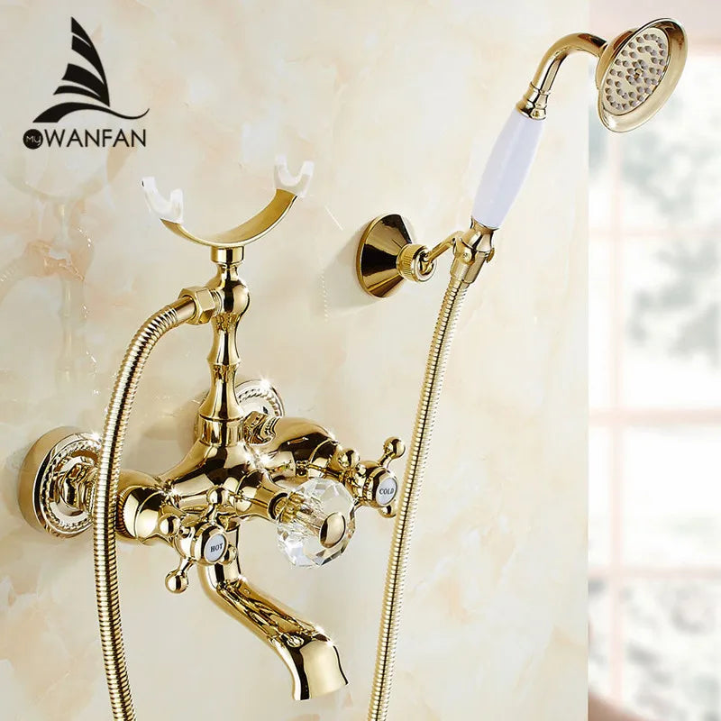 DecorBites™ Gold Brass Wall Mounted Bathtub Faucet with Hand Held Shower Kit