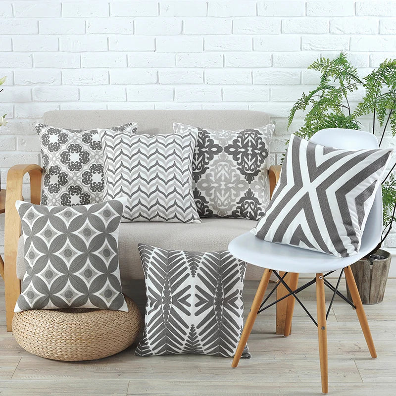 DecorBites™ Grey Pink Geometric Embroidered Cushion Cover, 45x45cm