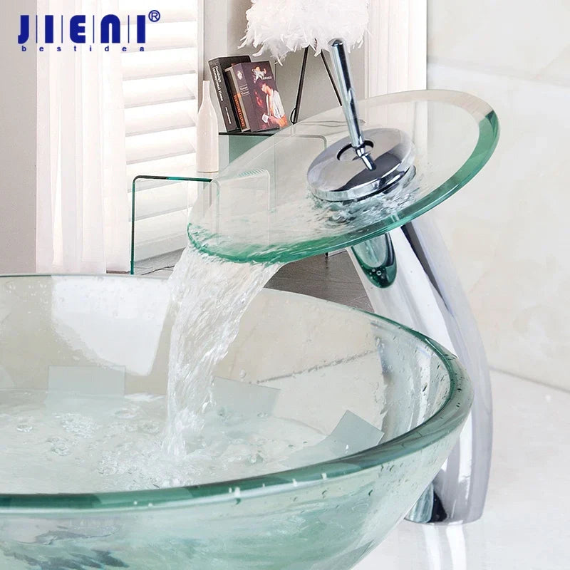 DecorBites™ Glass Waterfall Faucet Chrome Brass Mixer for Bathroom Sink