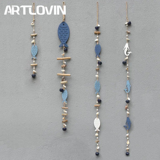 DecorBites™ Blue Fish Sea-maid Pendant Drift Wood Bells Wall Decoration