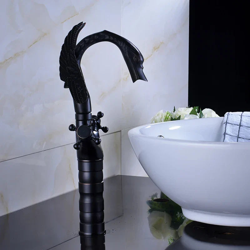DecorBites™ Black Bronze Swan Basin Faucet Dual Cross Handle Deck Mounted Bathroom Mixer