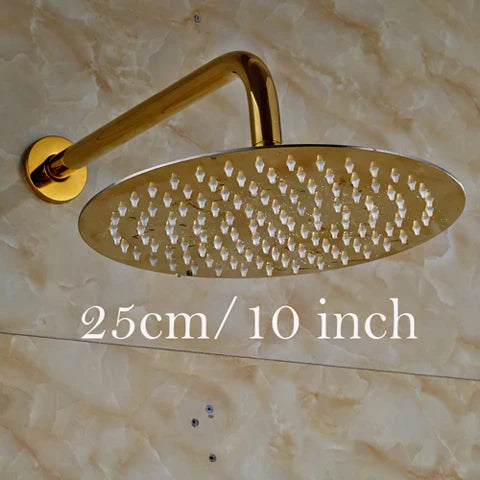 DecorBites™ Golden Ultrathin Rainfall Shower Head Set with Wall Mount Brass Arm