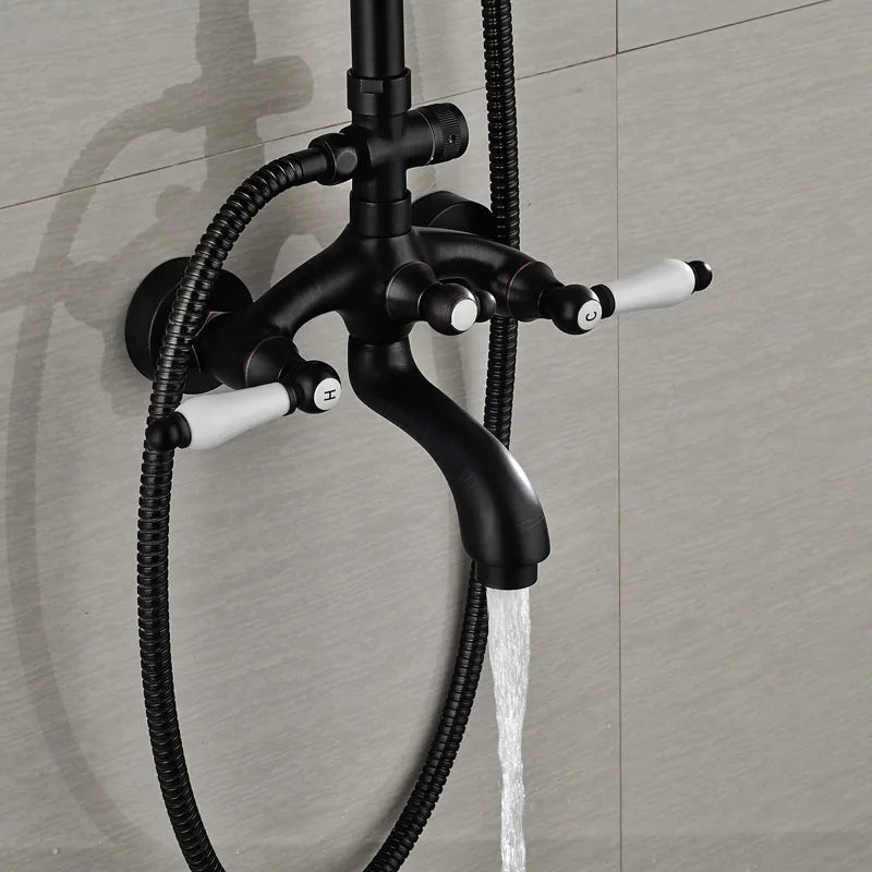 DecorBites™ Black Bronze Bathroom Shower Faucet Set with Dual Ceramic Handles & 8" Rainfall Column