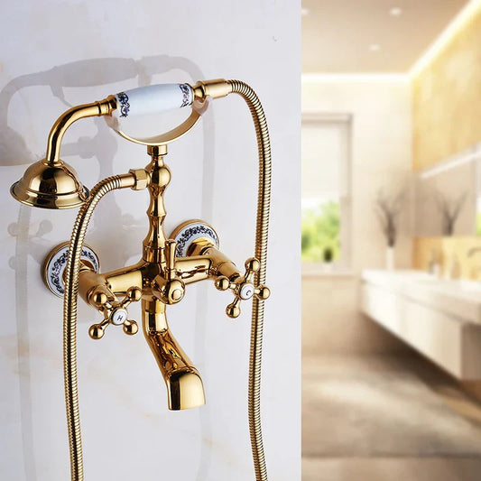 DecorBites™ Gold Brass Bathroom Shower Faucet Set Single Handle Rainfall Wall Mounted