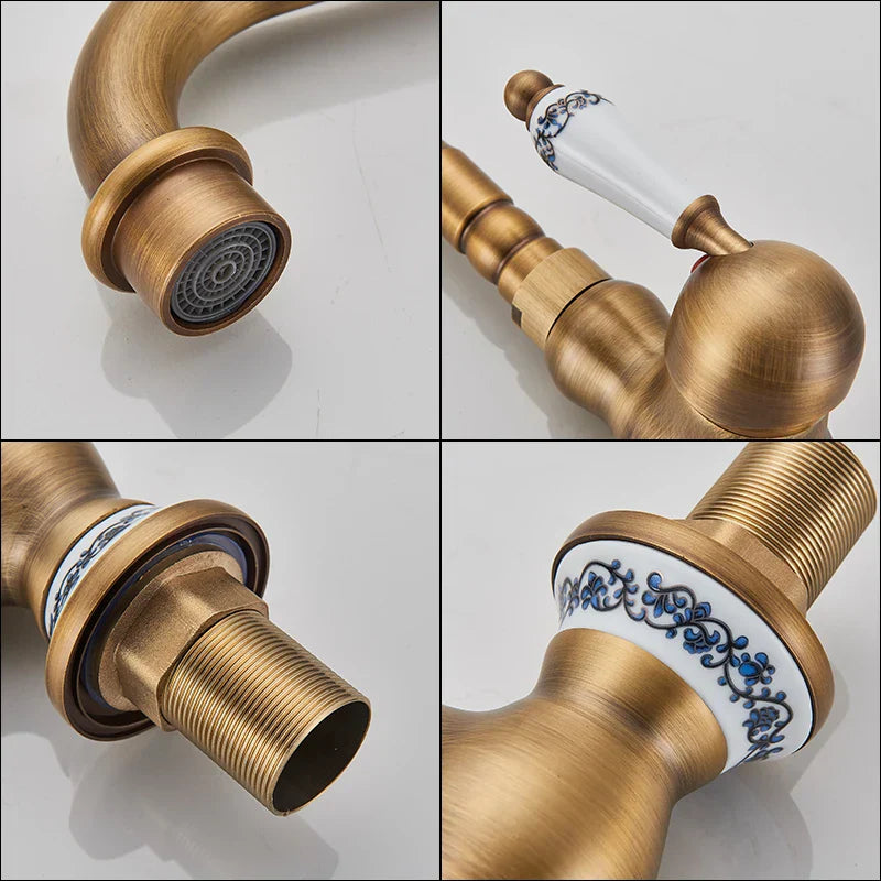 صنبور حوض بمقبض سيراميك نحاسي عتيق من DecorBites™، خلاط حوض مطبخ مثبت على السطح