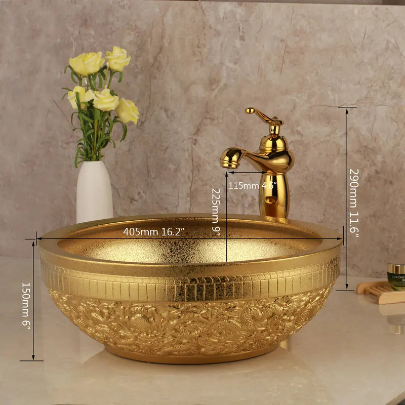 DecorBites™ Golden Ceramic Washbasin and Brass Mixer Faucet Set