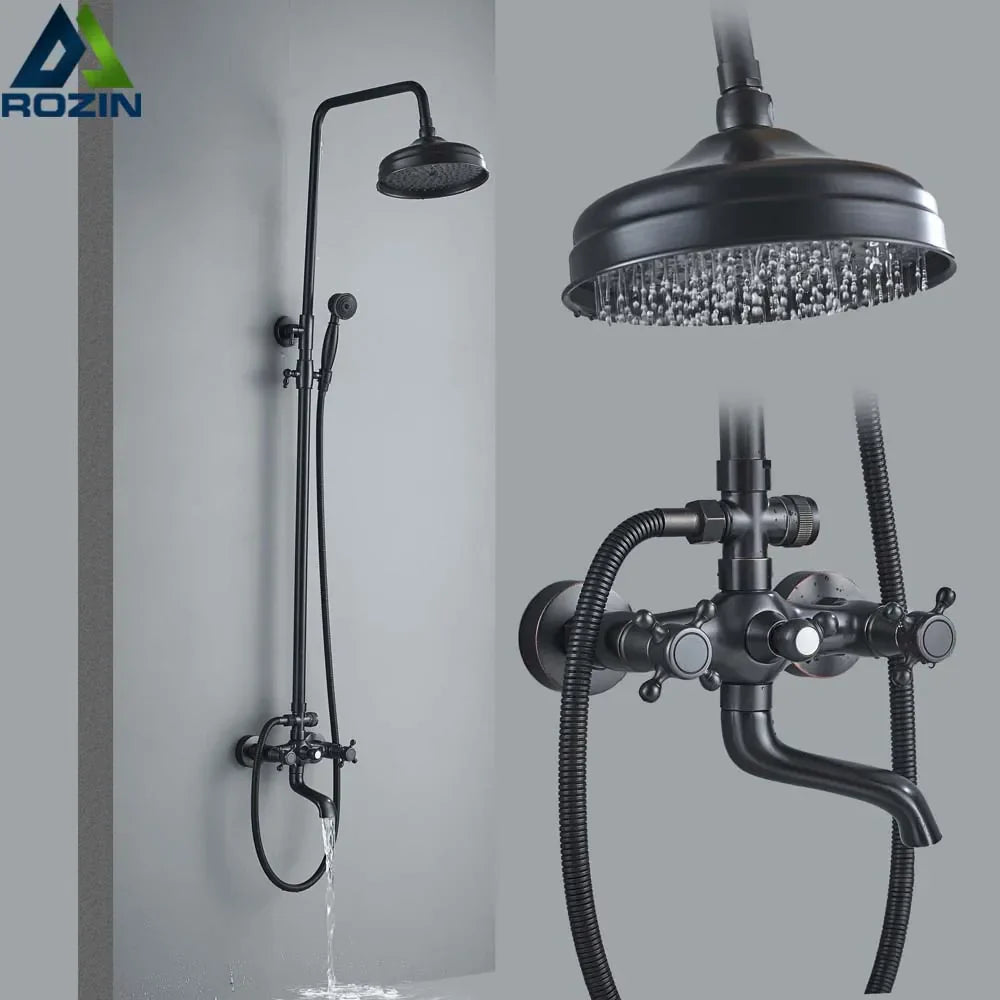 DecorBites™ Black Brass Rainfall Shower Mixer Faucet Set with 8" Showerhead and Handshower