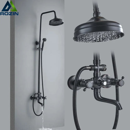 DecorBites™ Black Brass Rainfall Shower Mixer Faucet Set with 8" Showerhead and Handshower