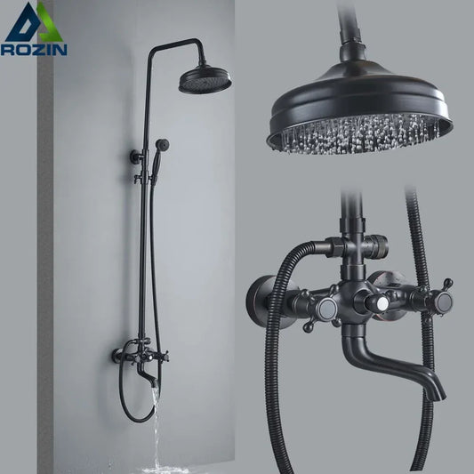 DecorBites™ Black Brass Rainfall Shower Mixer Faucet Set with 8" Showerhead and Handshower