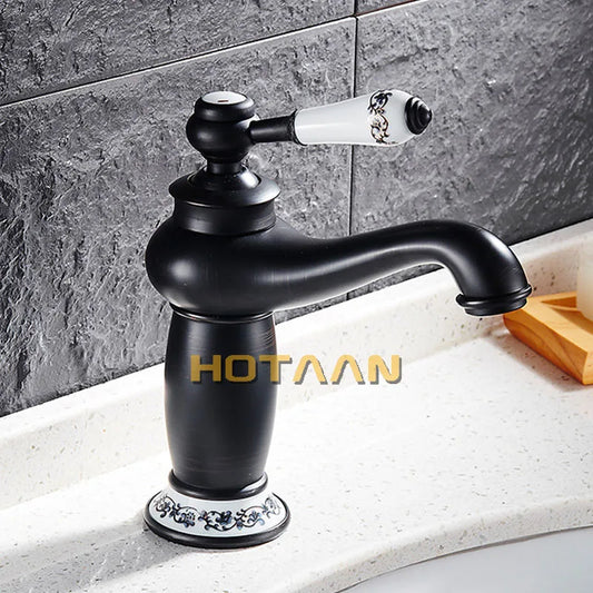 DecorBites™ Black Brass Ceramics Bathroom Faucet Vintage Hot Cold Mixer Sink Tap