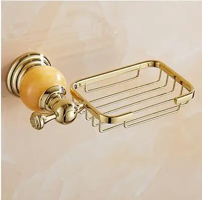 DecorBites™ Brass & Jade Gold Bathroom Accessories Set: Paper Holder, Towel Bar, Soap Basket