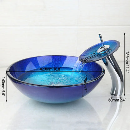 Juego de grifo alto para lavabo DecorBites™ en cromo azul con cascada de vidrio pintado a mano