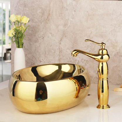 DecorBites™ Golden Ceramic Washbasin and Brass Mixer Faucet Set