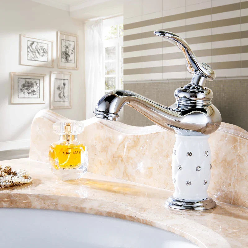 Grifo de Lavabo de Latón Dorado Decorbites™ con Diamante, Asa Única Mezclador de Agua Caliente y Fría