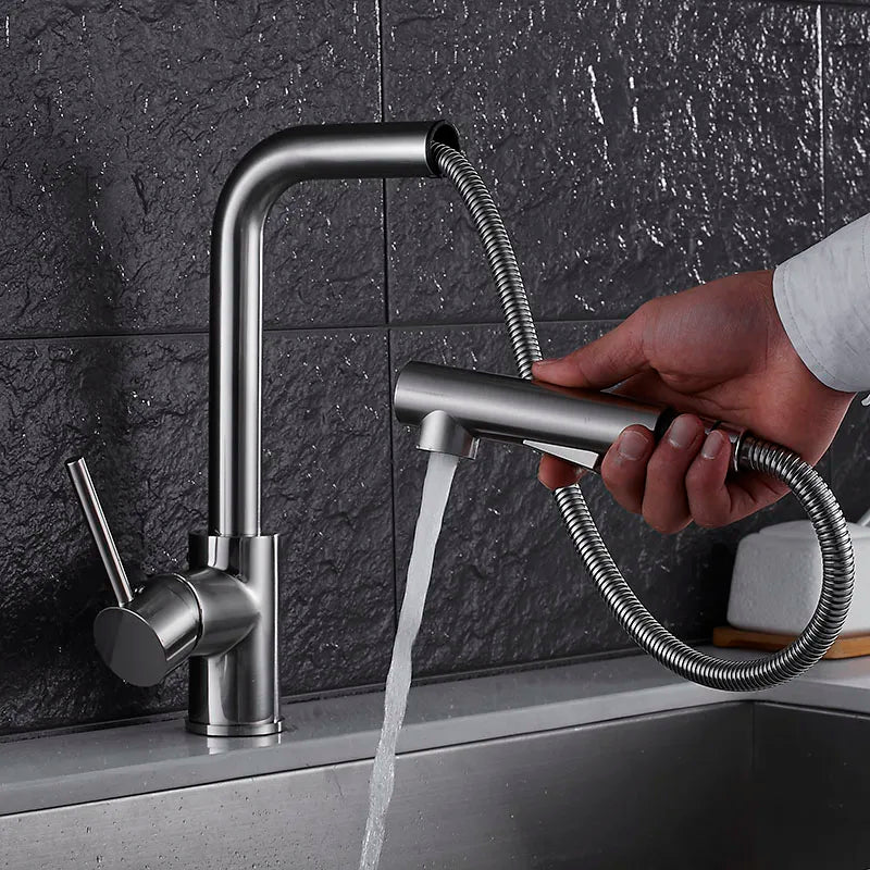 DecorBites™ Brass Brushed Nickel Kitchen Faucet High Arch Swivel Pull Out Spray Mixer Tap