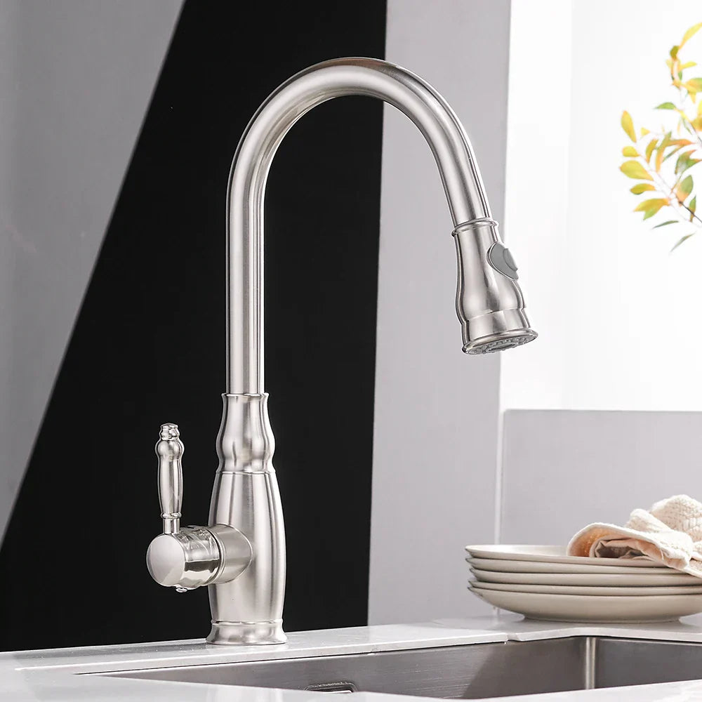 DecorBites™ Gold Kitchen Sink Mixer Faucet with Pull Out Spray Head Rotation - WF-4118