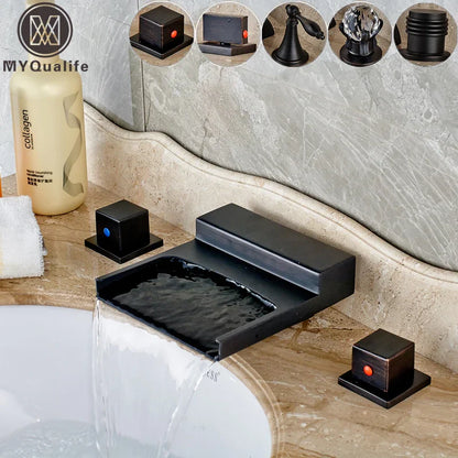 صنبور حمام DecorBites™ ذو المقبضين وصنبور شلال أسود عريض