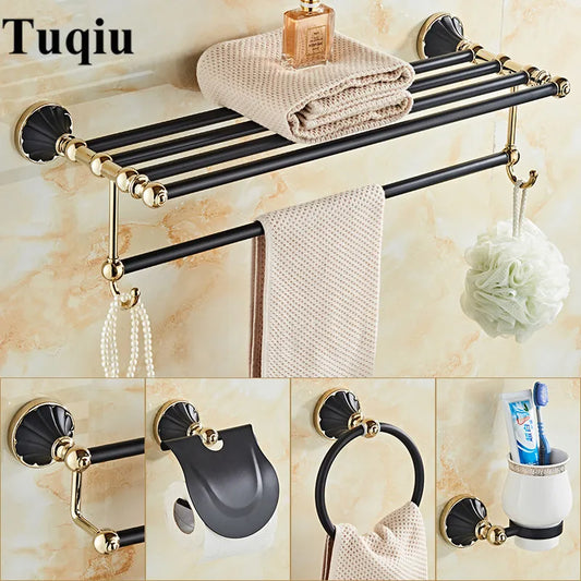 DecorBites™ Gold Black Bathroom Accessories Set, Towel Bar, Toilet Brush Holder, Paper Holder